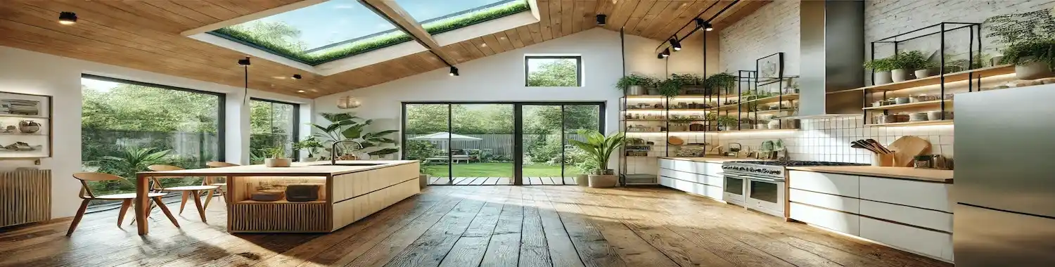 Espectacular cocina abierta en chalet Sant Just, con suelo de madera natural y mobiliario cocina con uñero