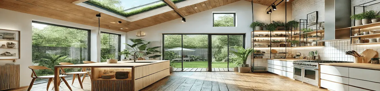 Espectacular cocina abierta en chalet Sant Just, con suelo de madera natural y mobiliario cocina con uñero